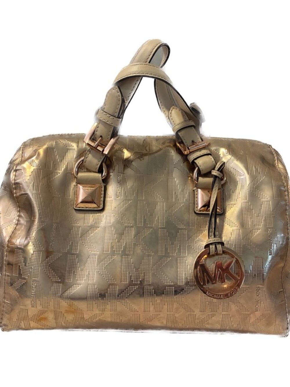 MICHAEL Michael Kors Metallic Gold Perforated Monogram Satchel Bag Crossbody